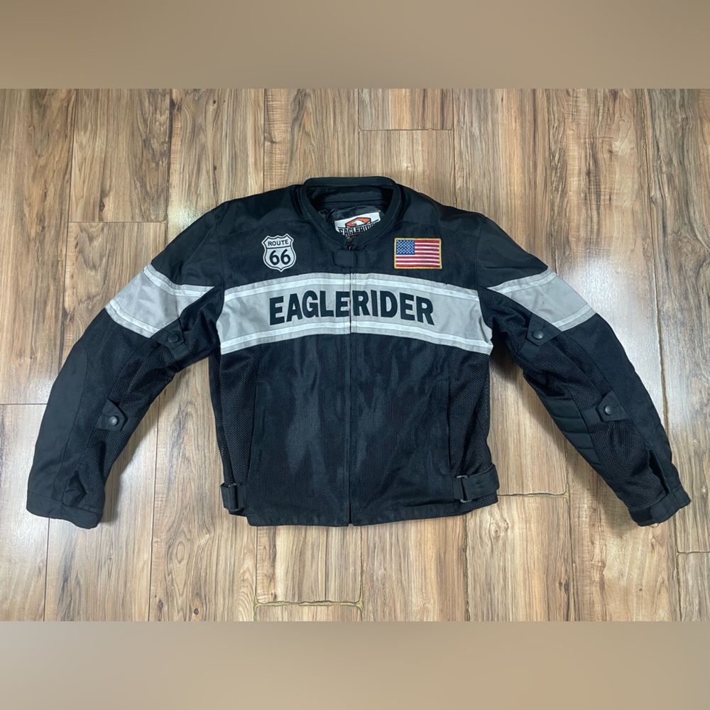 Eaglerider Mortocycles Biker Jacket USA XL Padded Black Patchers Nylon Lined
